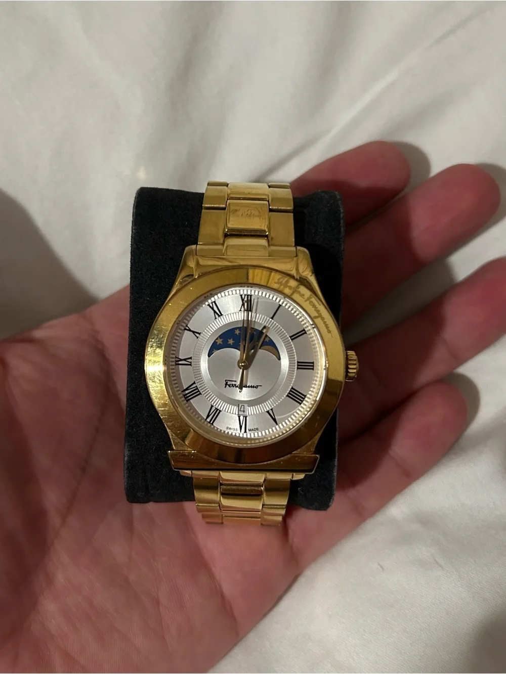 Salvatore Ferragamo Gold Tone Men’s Moonphase Watch with Silver Dial
